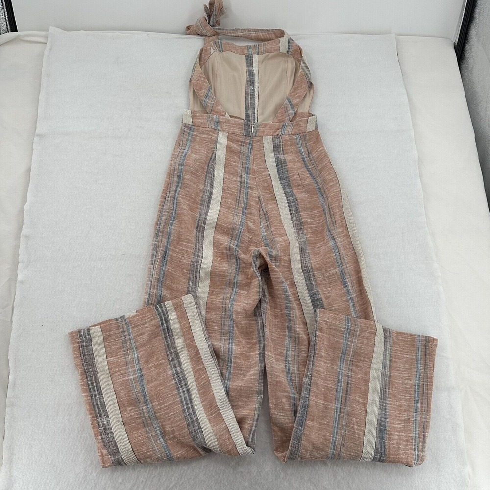 Karlie Small Striped Halter Jumpsuit Terracotta Linen Blend Wide Leg Summer TIme - Picture 4 of 9